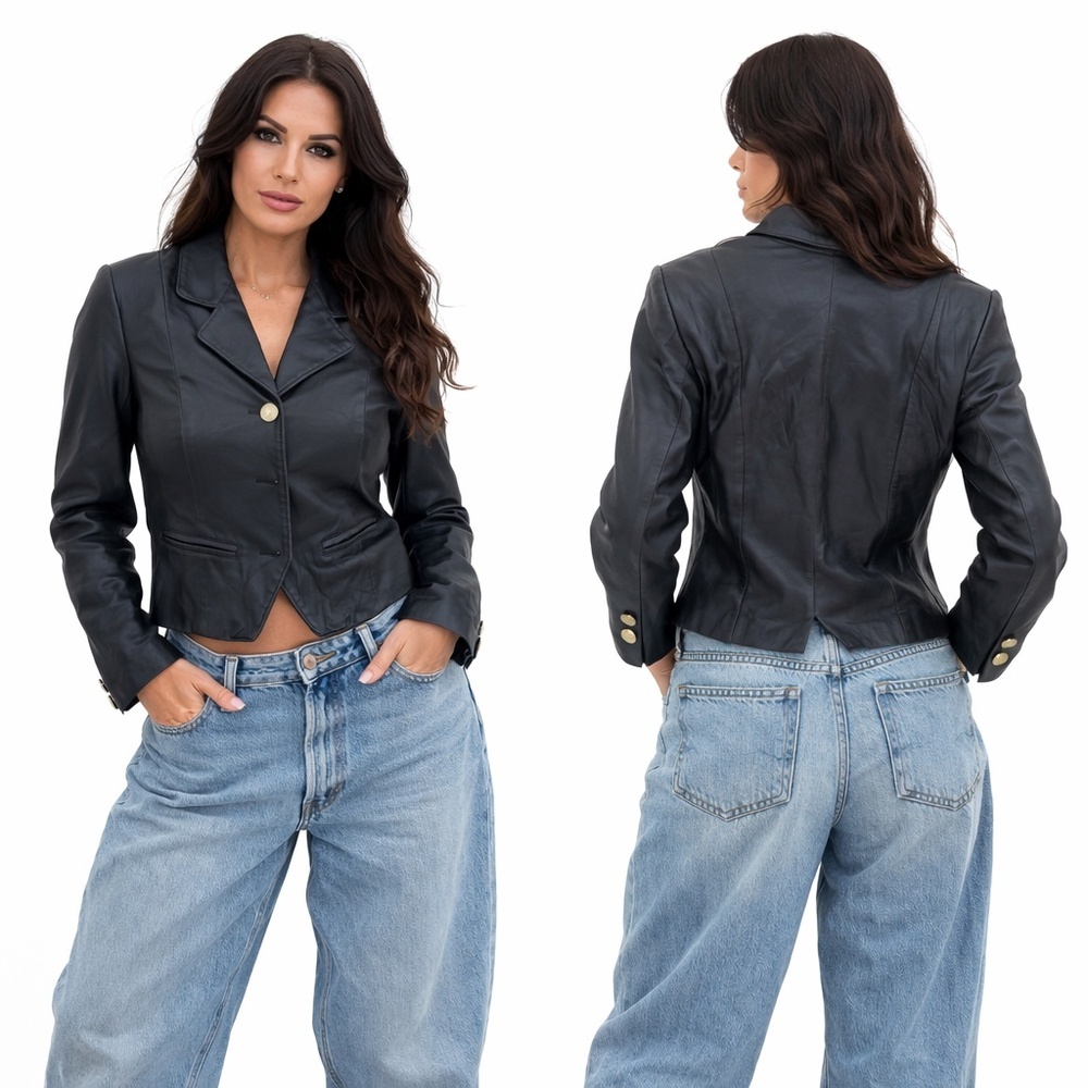 Lord & Taylor Petites Cropped Leather Blazer Gold Buttons Early Y2K